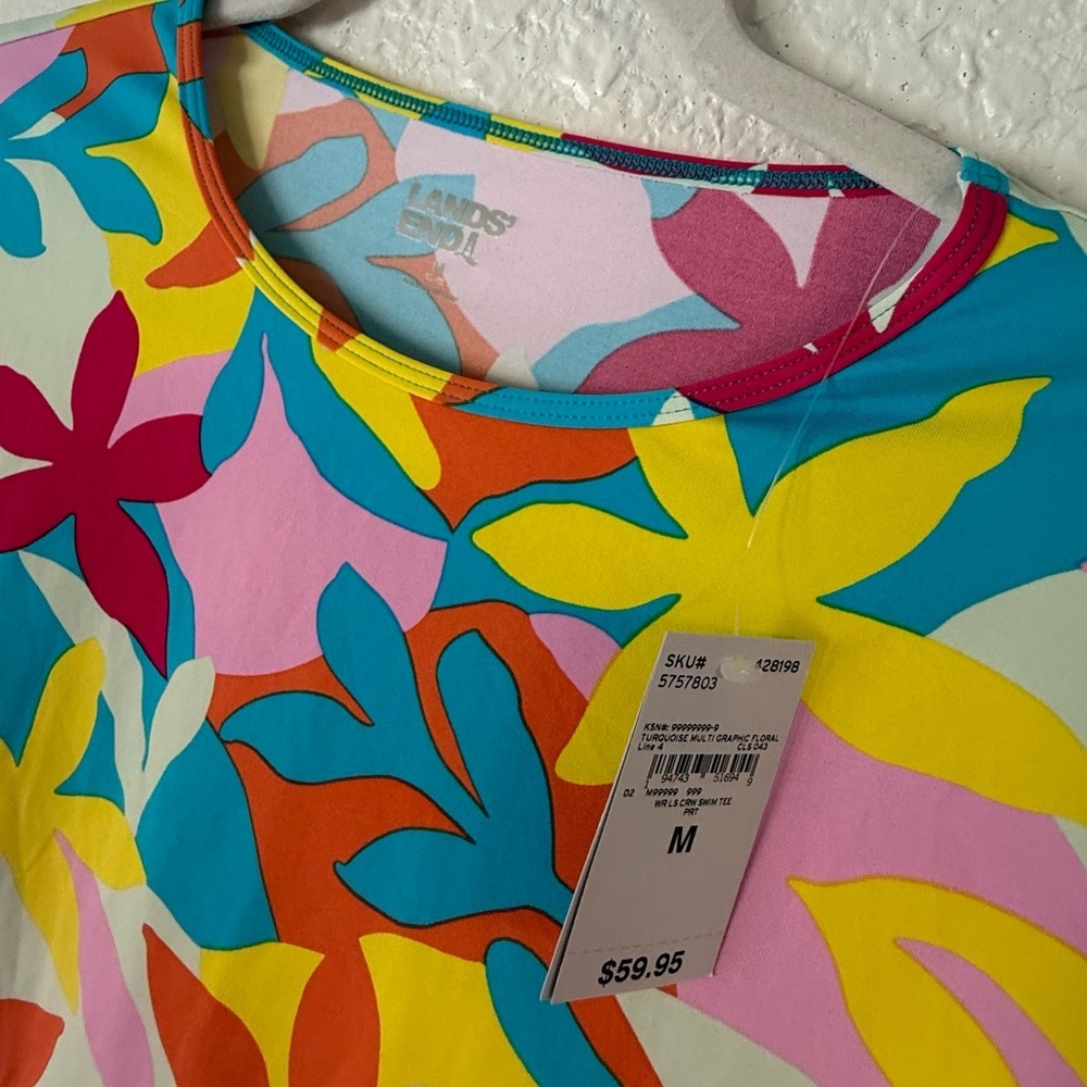 NWT Lands' End Women’s Long Sleeve Crew Neck Swim Tee Rash Guard Size M Floral - Picture 6 of 12